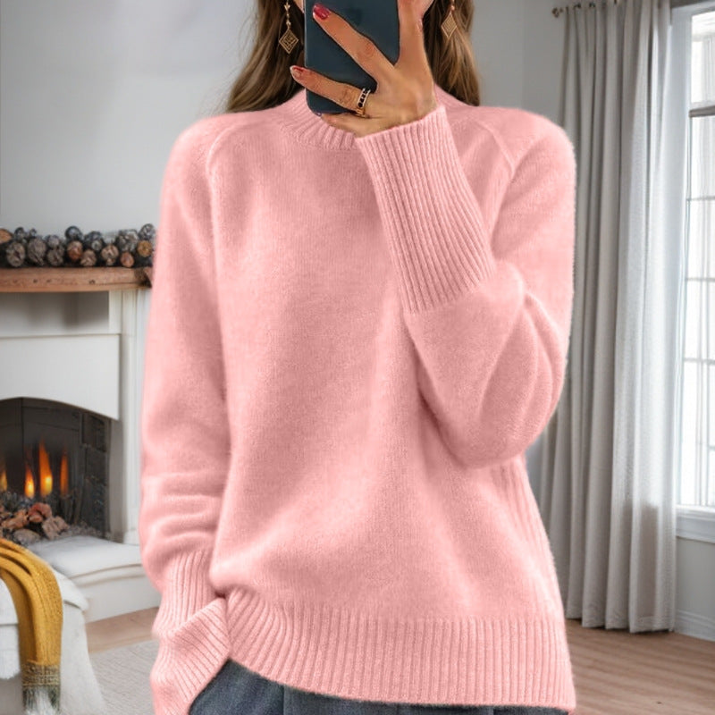 Damen nan kuscheliger Feinstrickpullover mit Rundhalsausschnitt, überschnittener Schulterpartie und gerippten Bündchen EB