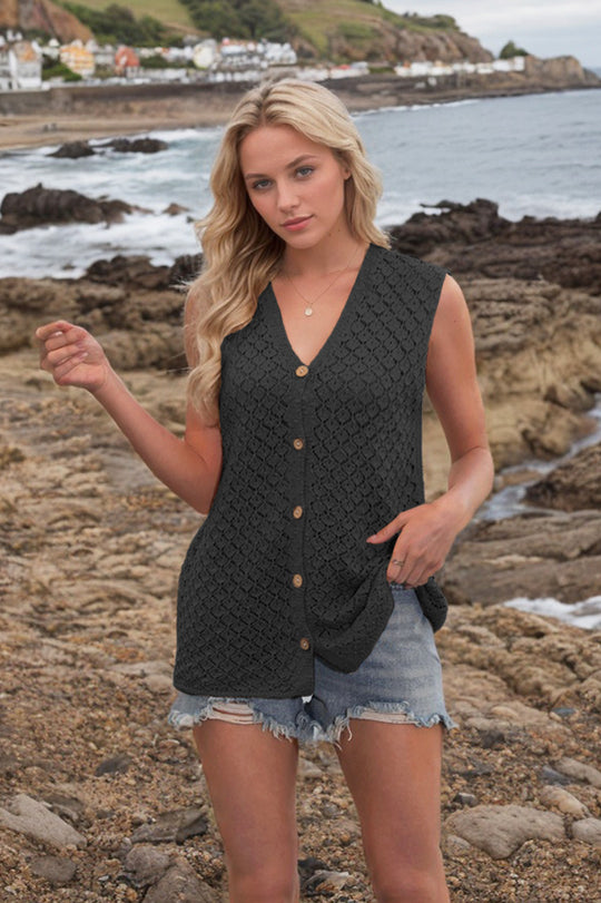 EB | V-Ausschnitt Knopf ärmellose Weste Strickpullover