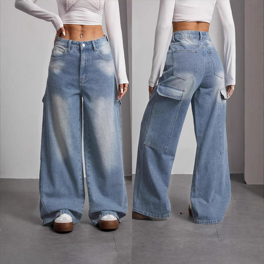 Damen Weite Cargo-Jeans im lässigen Schnitt mit praktischen Taschen EB