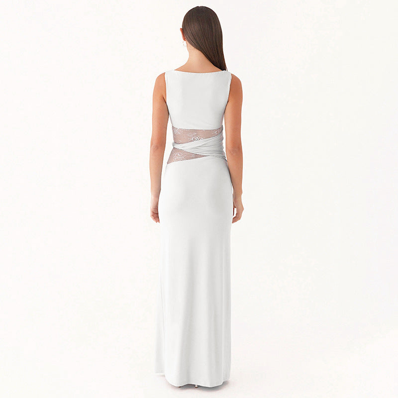 Damen Elegantes langes Kleid mit raffinierten Spitzendetails EB