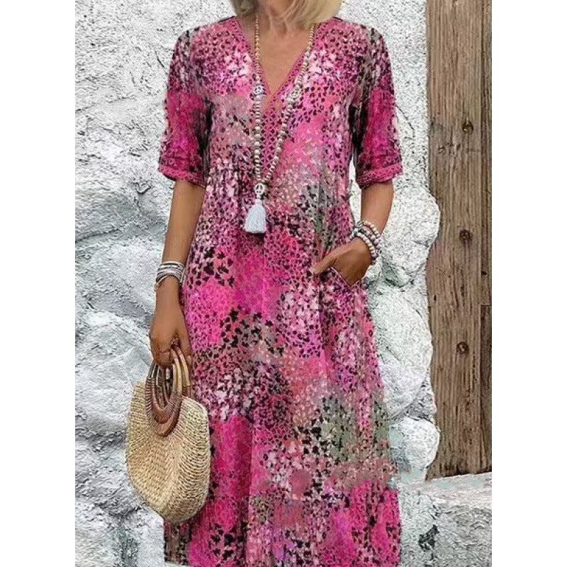 Damen Strandkleid im lässigen Stil mit Taschen und V-Ausschnitt EB