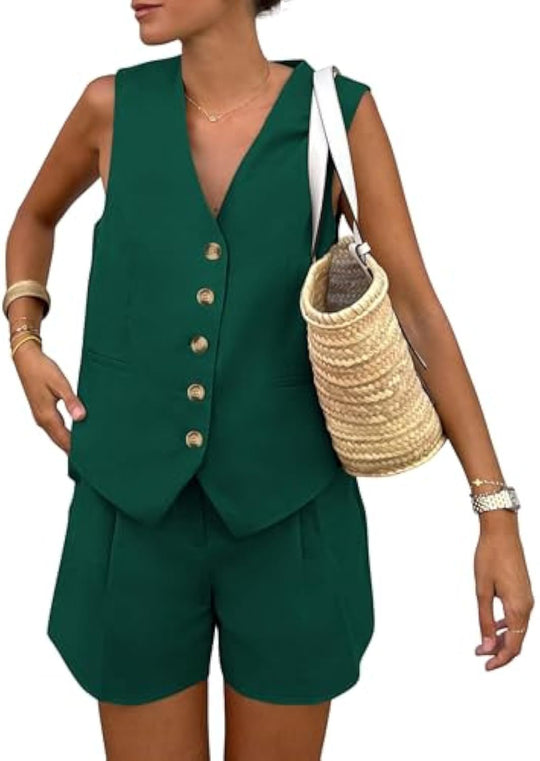 Damen elegantes Jumpsuit-Set mit tailliertem Schnitt und dekorativen Knopfdetails EB