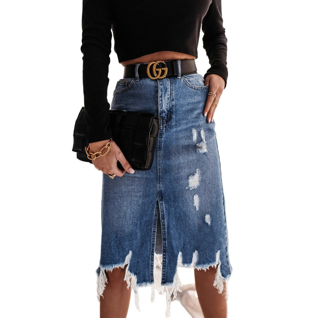Damen Midi-Denimrock mit fransigem Saum und vertikalem Schlitz EB