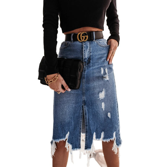 Damen Midi-Denimrock mit fransigem Saum und vertikalem Schlitz EB
