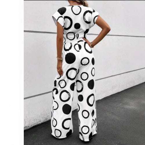 Damen Jumpsuit mit modernem Kreismuster und Taillengürtel EB