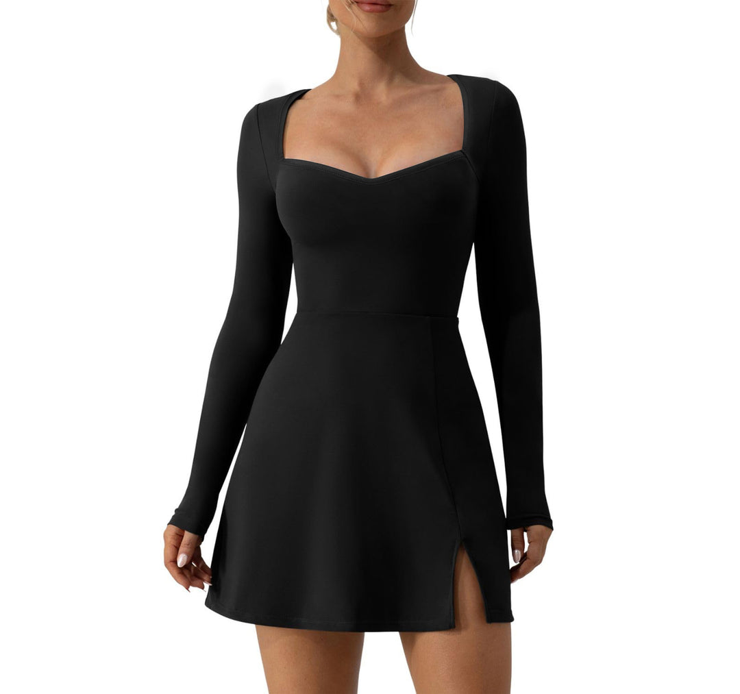 Damen elegantes Minikleid mit tiefem Herzausschnitt und langen Ärmeln EB