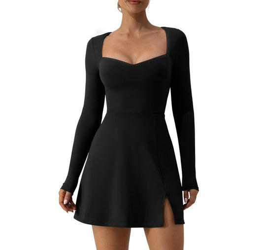 Damen elegantes Minikleid mit tiefem Herzausschnitt und langen Ärmeln EB