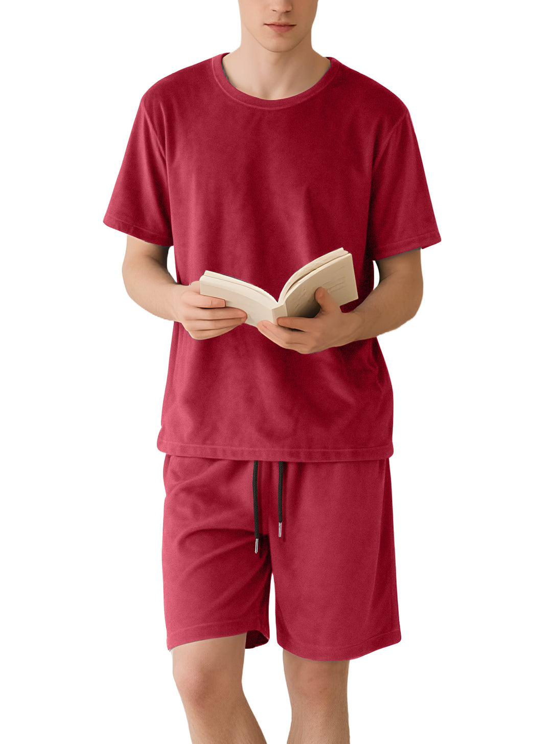 Herren nan Samtvelours Lounge-Set mit Rundhals-Kurzarmshirt und Kordelshorts EB