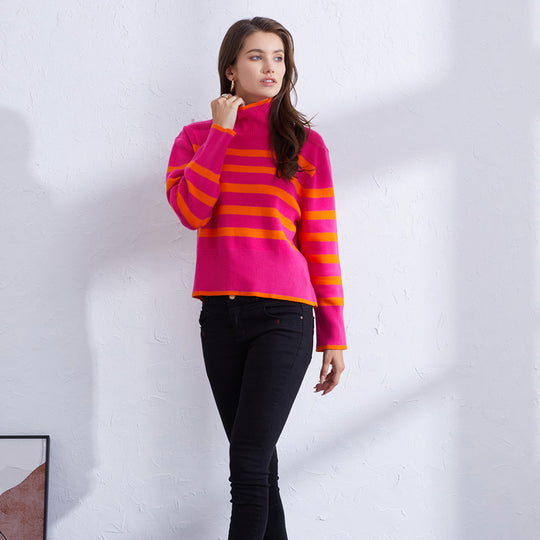 Damen hochwertiger gestreifter Pullover mit Stehkragen EB