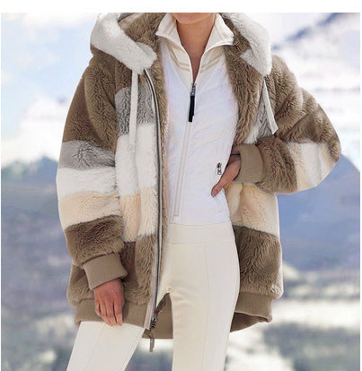 Damen Modische und warme Fleecejacke mit Kapuze und blockartigem Design EB