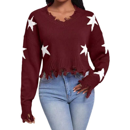 Damen modischer Sweatpullover mit Sternenmotiv und ausgefranstem Saum EB