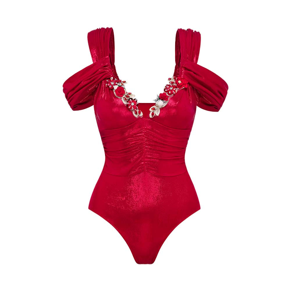 Damen Luxuriöser Schwimmanzug mit schulterfreien Rüschenträgern und passendem Maxirock EB