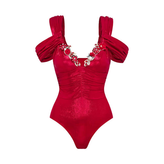 Damen Luxuriöser Schwimmanzug mit schulterfreien Rüschenträgern und passendem Maxirock EB