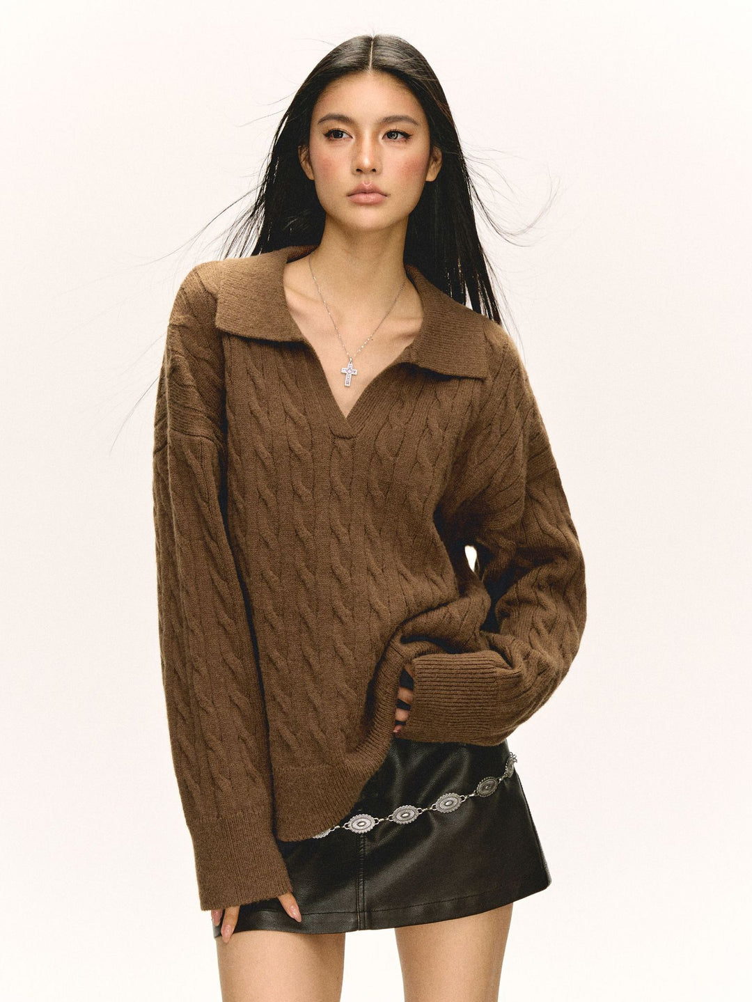 Damen Grob gestrickter Pullover mit V-Ausschnitt und Kragen EB
