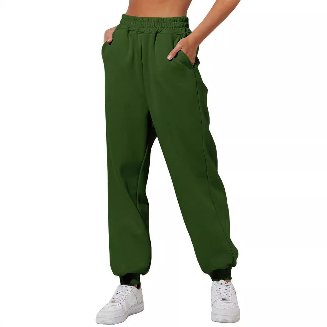 Damen nan lockere High‑Waist Jogginghose mit doppellagigem Komfortbund, seitlichen Eingrifftaschen und gerafften Knöchelbündchen EB