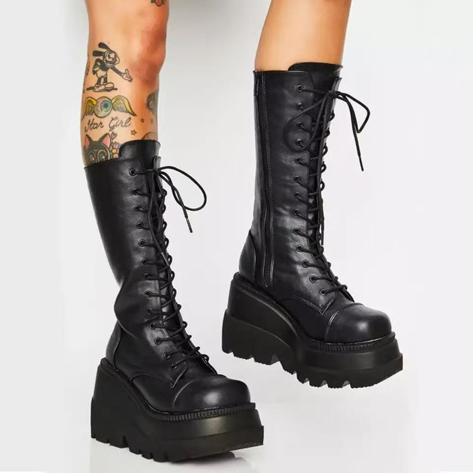 Damen Hochwertige Schnürstiefel mit Plateauabsatz und seitlichem Reißverschluss EB