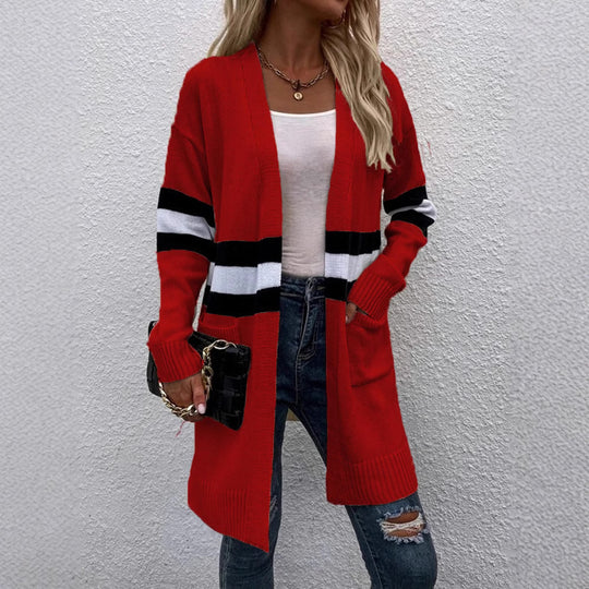 Damen Strickcardigan mit sportlichen Streifen und offenen Taschen EB