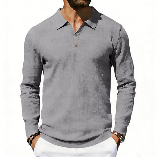 Herren nan Langarm-Poloshirt aus Leinen mit Henley-Knopfleiste und Kentkragen EB