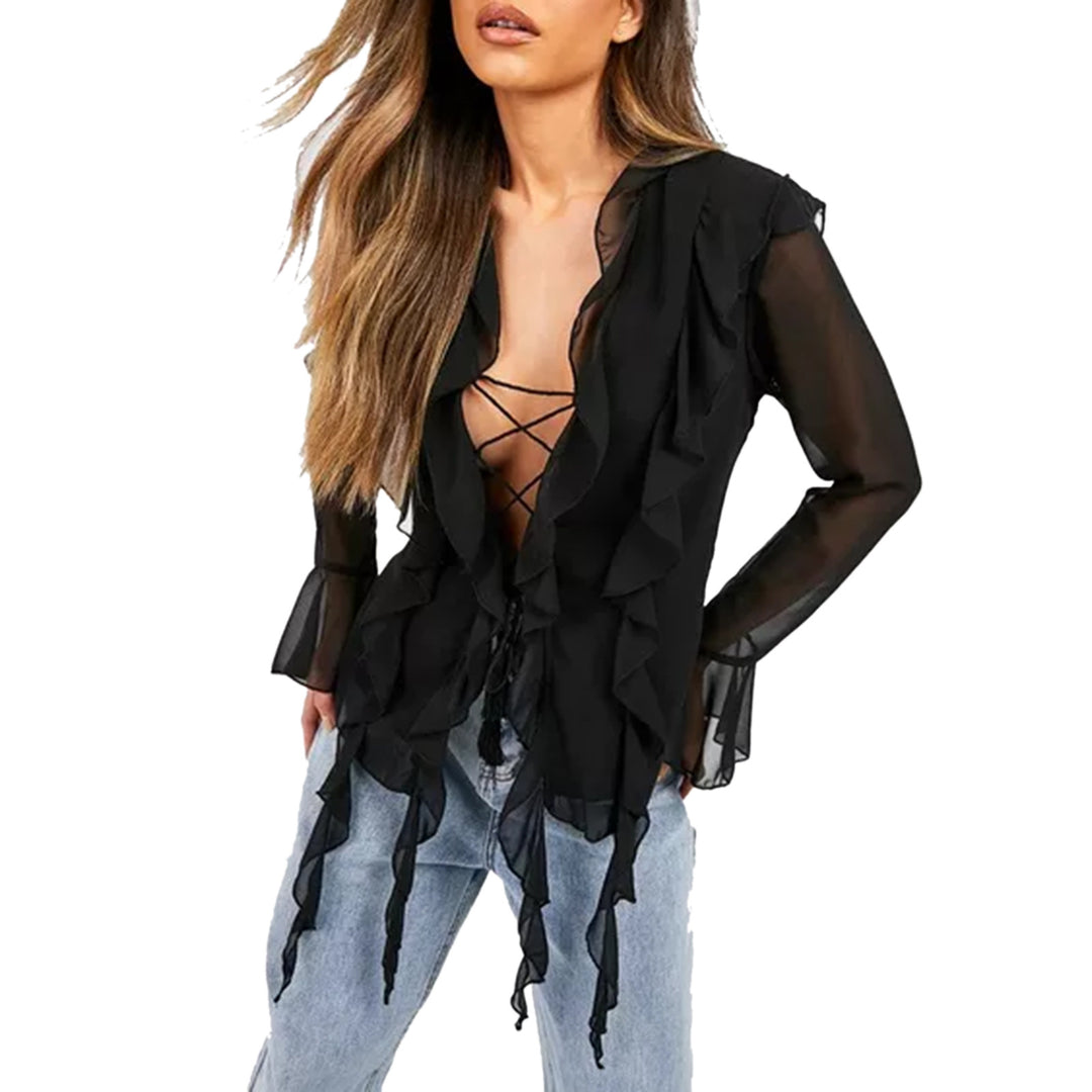 Damen Rüschenshirt mit eleganten Schnürdetails und transparenten Ärmeln EB