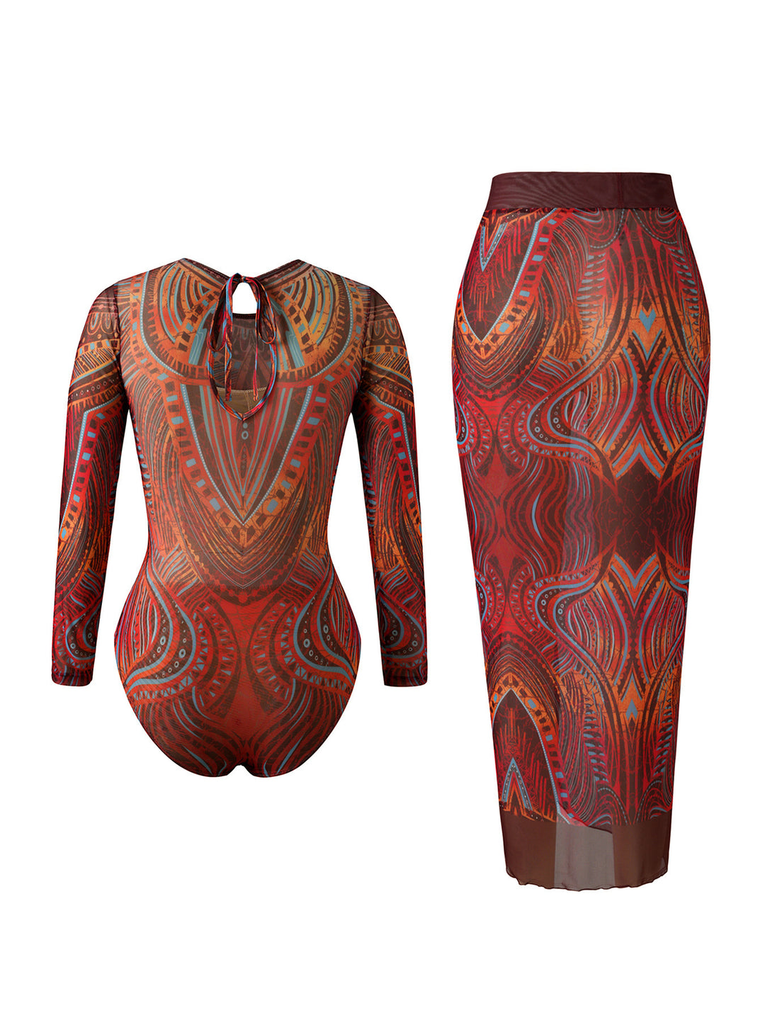 Damen Eleganter Badeanzug mit langem Arm und transparente Wickelrock EB