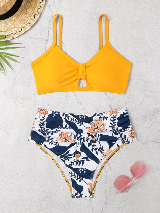 Damen Bikini-Set mit floralem Hochbund und modischem Knoten EB
