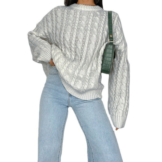 Damen grob gestrickter Pullover mit Zopfmuster und weitem Schnitt EB
