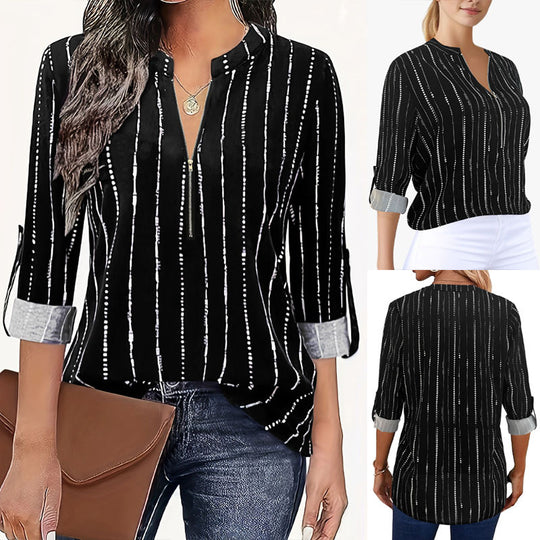 Damen Hemdblusenshirt mit elegantem Reißverschluss und modernem Streifenmuster EB