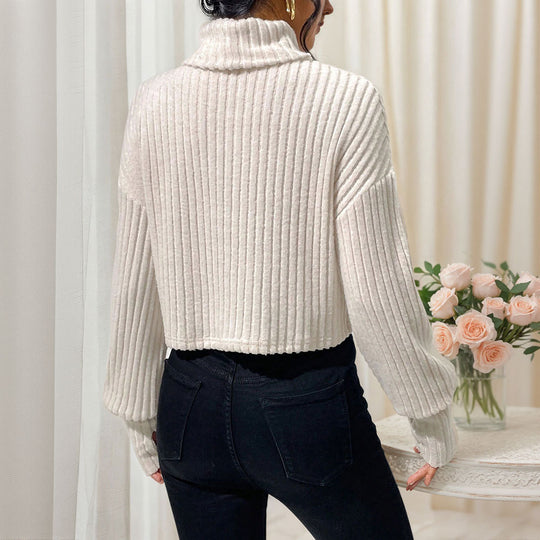 Damen geripptes Cropped‑Rollkragenpullover mit überschnittenen Schultern und voluminösen Ärmeln Eichborn Berlin