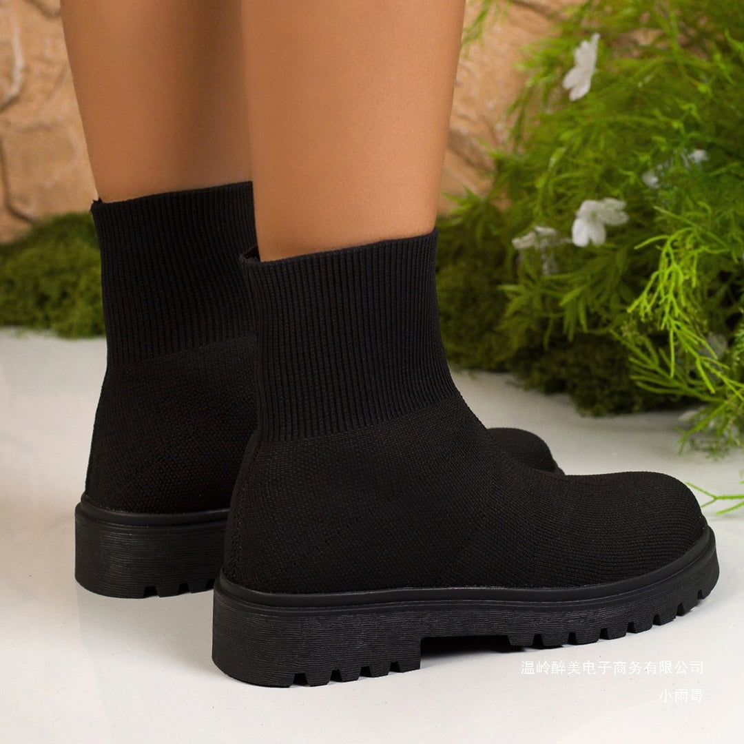 Damen nan gestrickte Sock-Stiefelette mit elastischem Rippbund stoßdämpfender Leichtsohle und robustem Traktorprofil EB