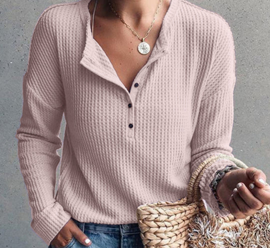 Damen Langarmhemd mit strukturiertem Waffelmuster und modischen Knopfdetails EB