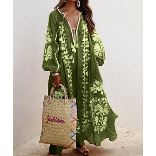 Damen Besticktes Boho-Maxikleid mit Ballonärmeln und Quastenverschluss EB