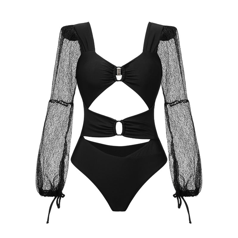 Damen Cut-Out Badeanzug mit langem, transparenter Ärmel EB