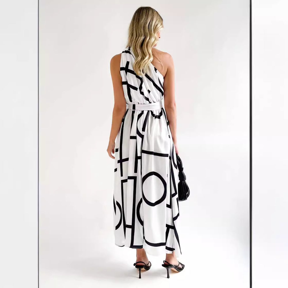 Damen Maxikleid mit asymmetrischem Ausschnitt und elegantem Bindegürtel EB