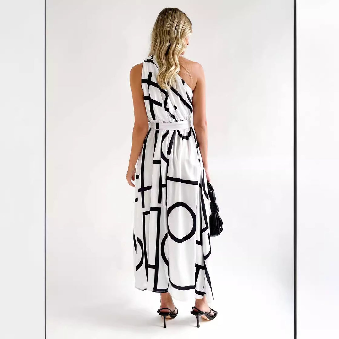 Damen Maxikleid mit asymmetrischem Ausschnitt und elegantem Bindegürtel EB