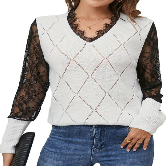 Damen Strickpullover mit eleganten Spitzeneinsätzen EB