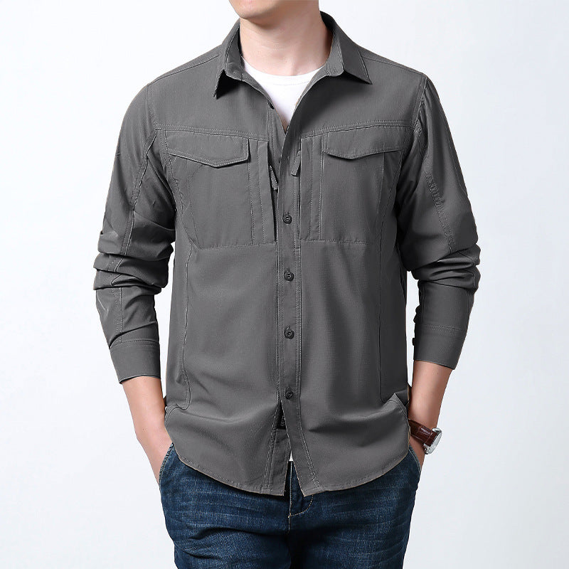 Herren  leichtes Utility-Hemdjacke mit Brustklappen, Reißverschlusstasche und stretchigem Funktionsgewebe EB