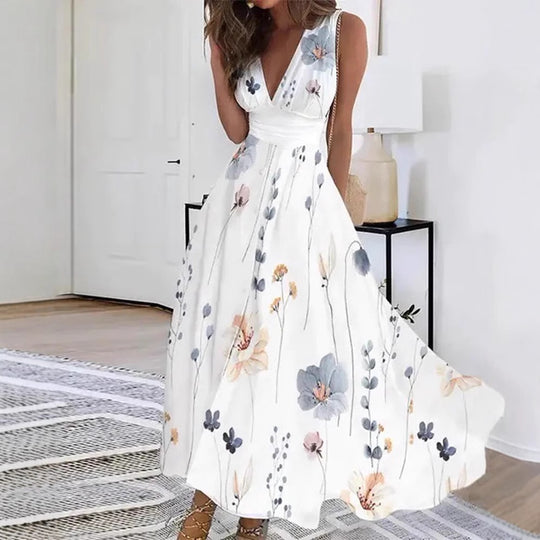 Damen Blumiges A-Linien Maxikleid mit V-Ausschnitt und eleganten Trägern Heidi-Mode