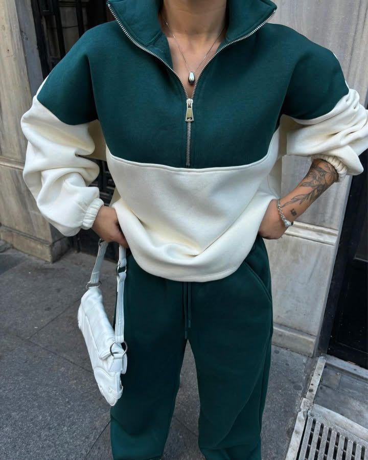 Damen Oversized Zweifarbiges Half-Zip Loungewear-Set mit Stehkragen und weitem Palazzo-Jogger EB