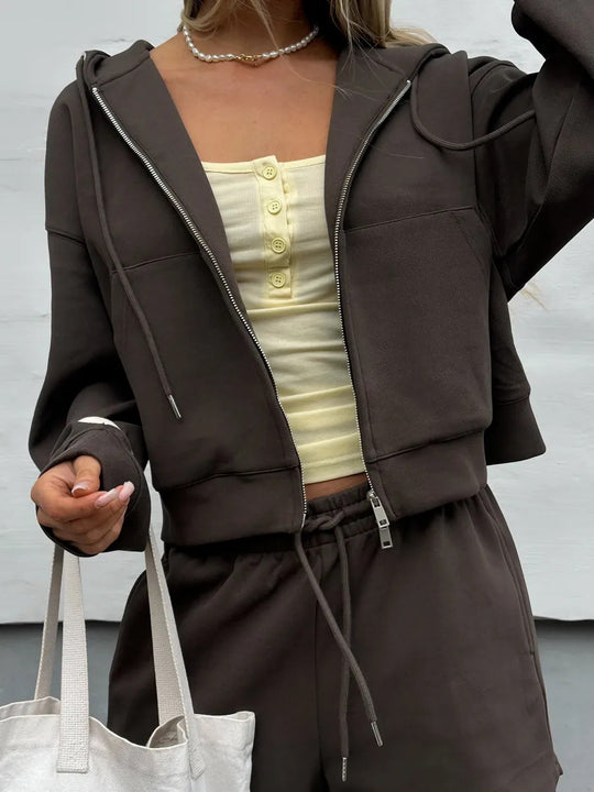 Damen nan kurzes Kapuzen-Sweatshirt mit Reißverschluss und elastischer Highwaist-Relax-Shorts Set EB