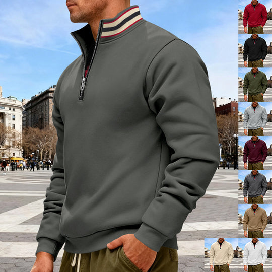 Herren nan Stehkragen-Halbzip-Sweatshirt aus Baumwollfleece mit Kontraststreifen am Kragen und gerippten Bündchen EB