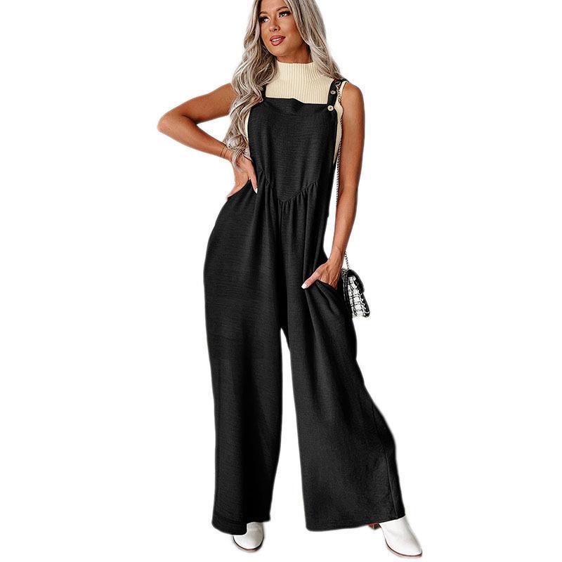 Damen lässiger Jumpsuit mit weit geschnittenem Bein und dekorativen Knopfdetails EB