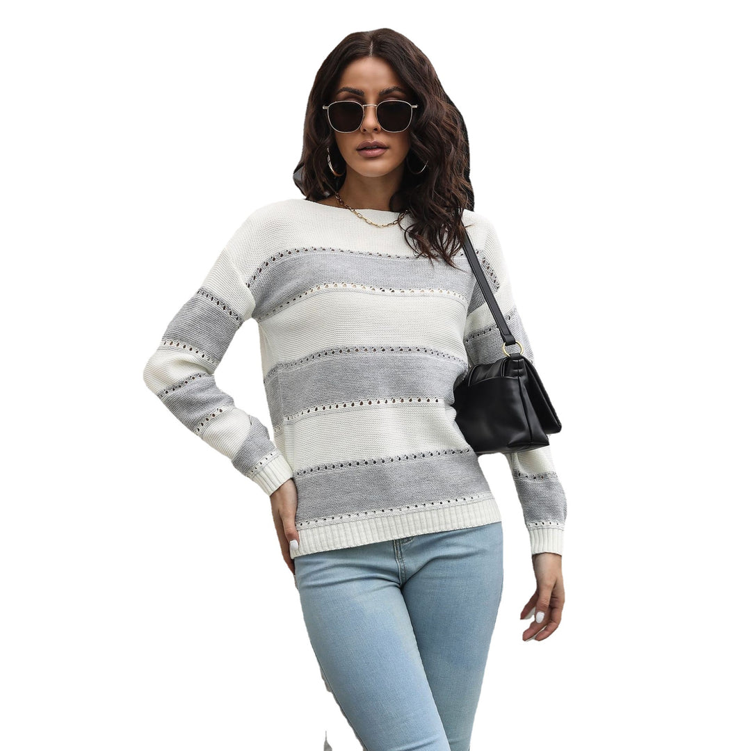 Damen Freizeit Pullover mit modernem Lochmuster und Streifen-Design EB