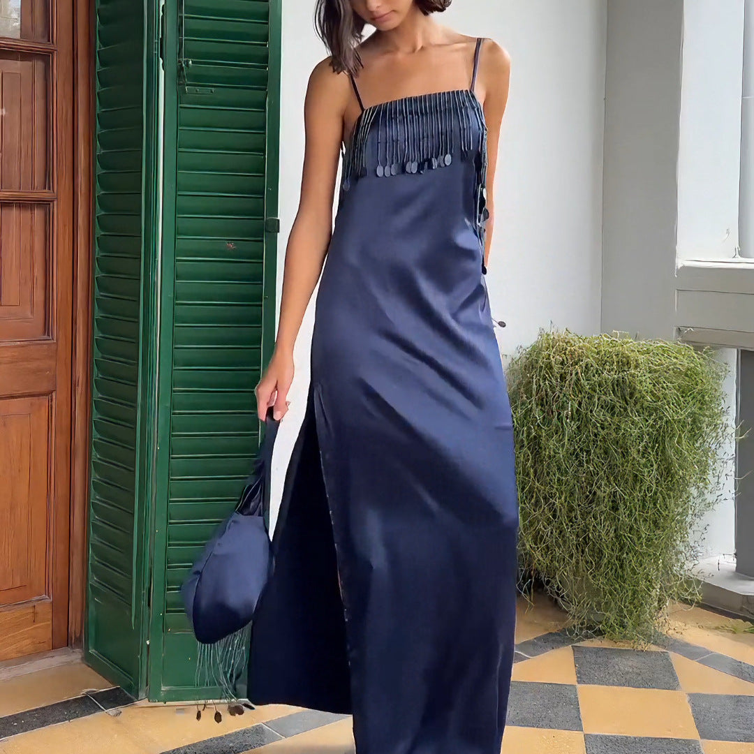 Damen Maxikleid mit schimmernden Pailletten und tranchierendem Saum EB