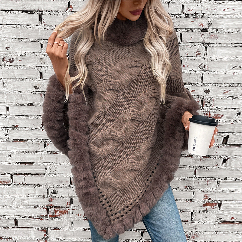 Damen kuschelige Strick-Poncho mit weichem Kunstfellbesatz und Zopfmuster EB