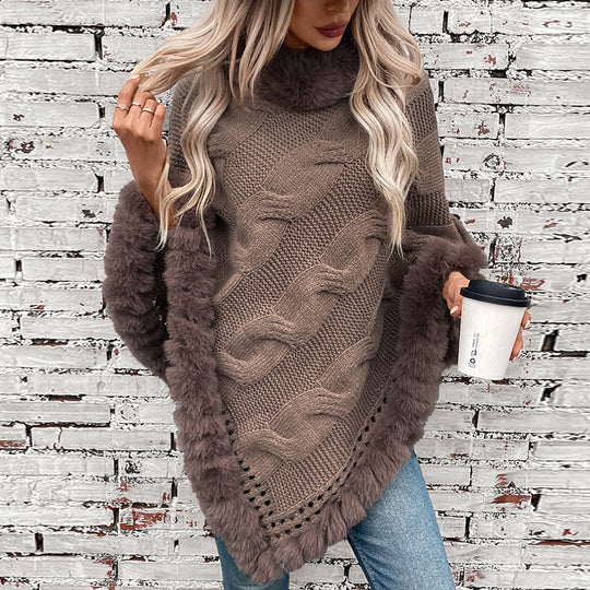 Damen kuschelige Strick-Poncho mit weichem Kunstfellbesatz und Zopfmuster EB