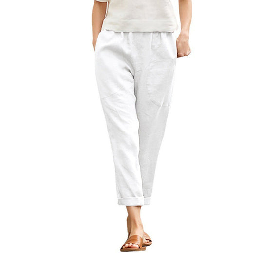 Damen nan leichte Leinenhose mit elastischem Bund, seitlichen Eingrifftaschen und gekrempeltem Saum EB