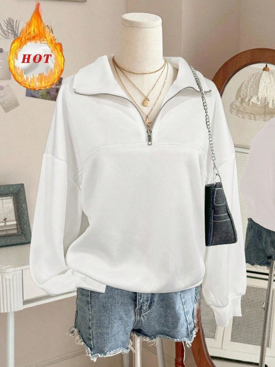 Damen nan Oversize Sweatshirt mit halbem Reißverschluss, Stehkragen und Ballonärmeln EB