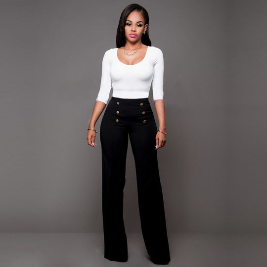 Damen hochtaillierte Palazzo-Hose mit dekorativen Knopfdetails EB