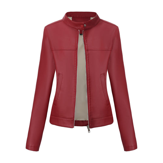 Damen nan taillierte Kunstlederjacke mit Stehkragen, verdecktem Reißverschluss und cleanem Minimaldesign EB