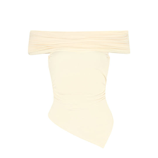 Damen Off-Shoulder Blusenshirt mit asymmetrischem Saum und Raffung EB
